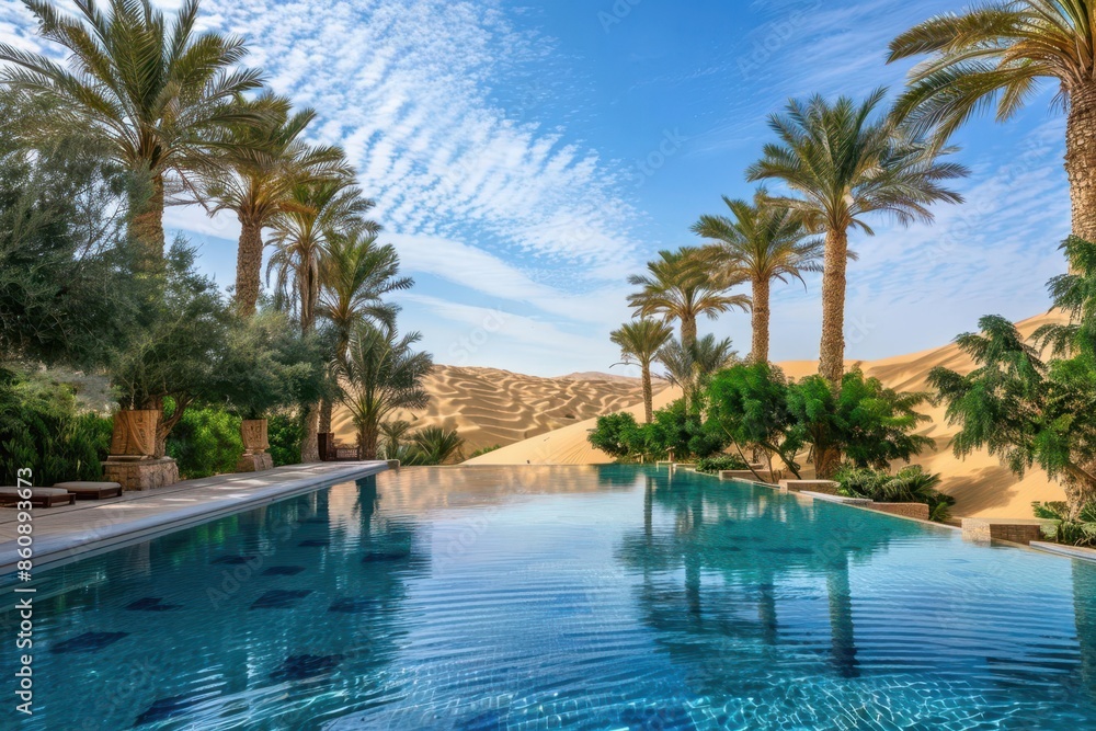 lush desert oasis crystalclear pool surrounded by palm trees shifting sand dunes intense blue sky miragelike beauty lush desert oasis crystalclear pool surrounded by palm trees shifting sand dunes intense blue sky miragelike beauty