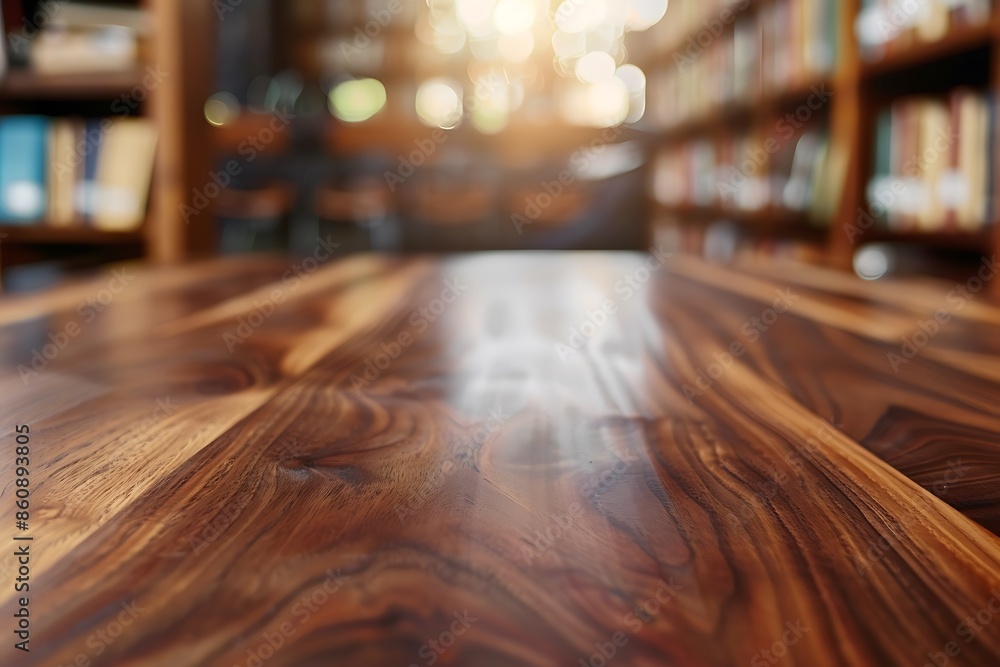 Top view of glossy wooden table on library blurred background. Top view of glossy wooden table on library blurred background.