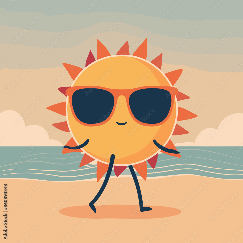 illustration of sun walking on the beach groovy style illustration of sun walking on the beach groovy style