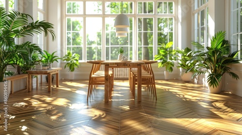 Scandinavian Style Dining Area with Modern Wooden Furniture and Designer Pendant Light   © Ghulam