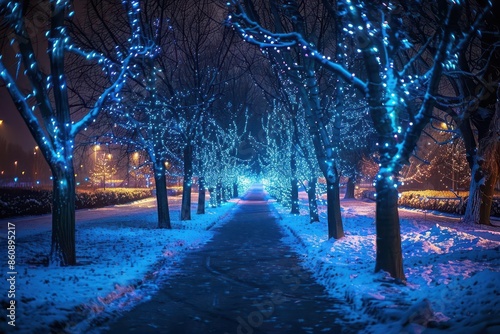 enchanting winter scene of a treelined path illuminated by delicate blue fairy lights snow gently falling creating a magical atmosphere of serene beauty and wonder