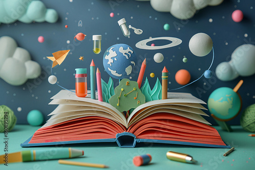 A papercut image of school supplies flying out of an open book over a science background, creating a layered craft art style. Perfect for back to school promotions or educational materials. photo