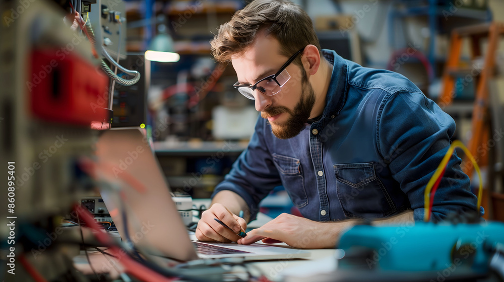 Focused engineer working on a laptop in a tech workshop, surrounded by tools and equipment Focused engineer working on a laptop in a tech workshop, surrounded by tools and equipment