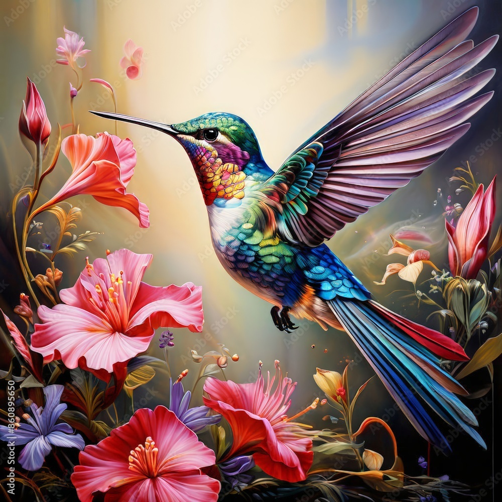 the AI Image Generator, enchanting world of a hummingbird sipping nectar from a vibrant the AI Image Generator, enchanting world of a hummingbird sipping nectar from a vibrant
