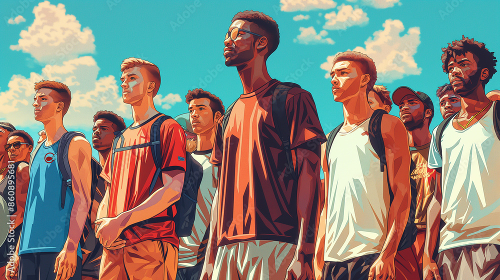 A group of diverse young men stand together outdoors, looking towards the horizon. The image evokes a sense of unity and hope. A group of diverse young men stand together outdoors, looking towards the horizon. The image evokes a sense of unity and hope.