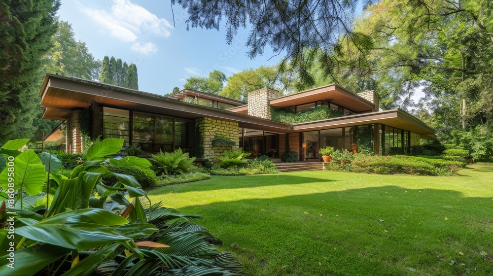 Modernist villa with flat roofs and geometric shapes in a lush setting Modernist villa with flat roofs and geometric shapes in a lush setting