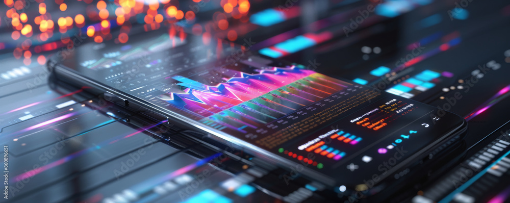 Smartphone with Stock Market Data Displayed on a Futuristic Interface Smartphone with Stock Market Data Displayed on a Futuristic Interface