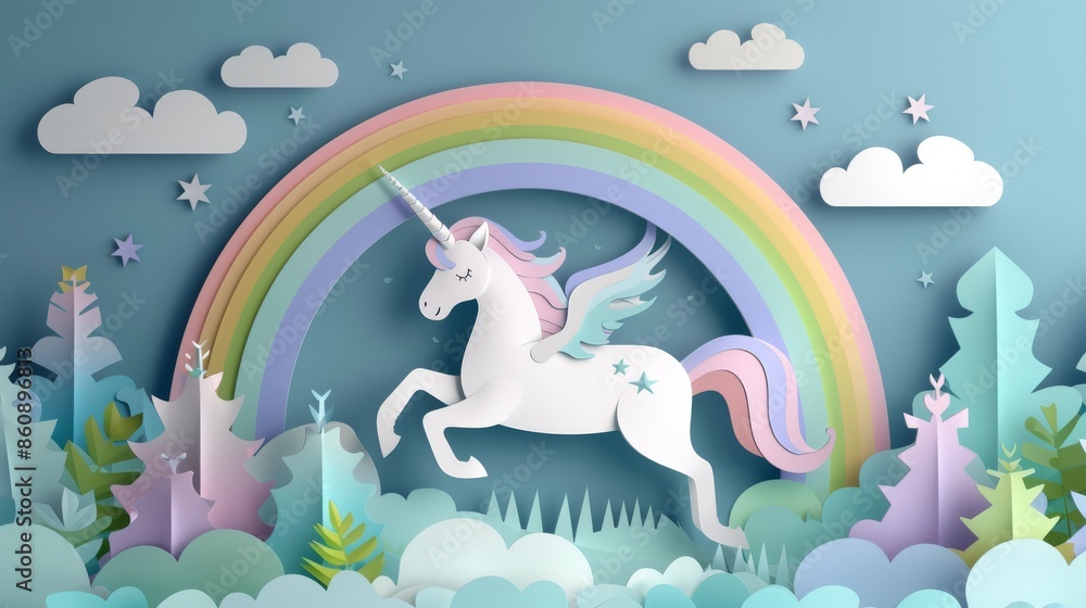Unicorn jumping over a rainbow in a paper cutout style landscape Unicorn jumping over a rainbow in a paper cutout style landscape