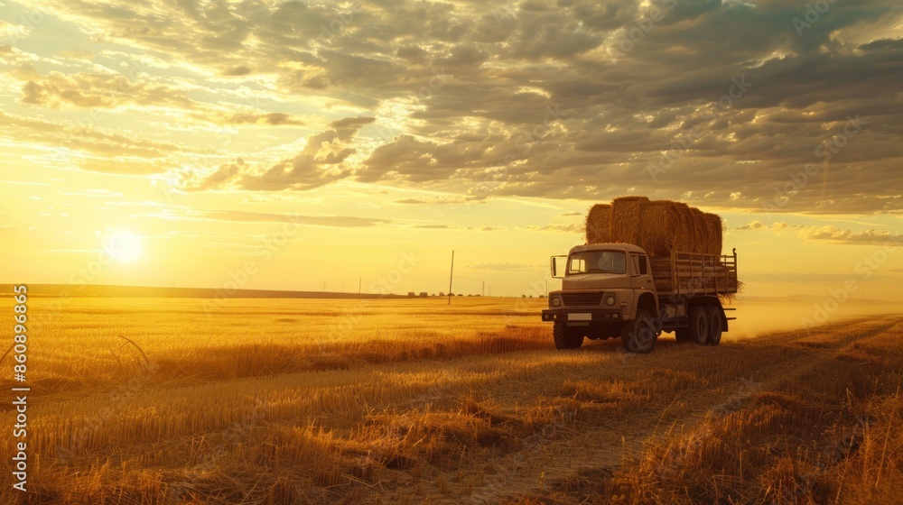 Fototapeta premium A large truck is driving through a field of golden wheat. Generate AI image