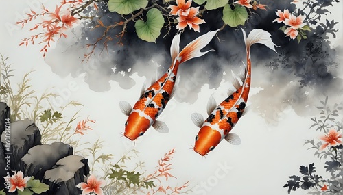 Vivid Japanese Koi Fish Watercolor Painting