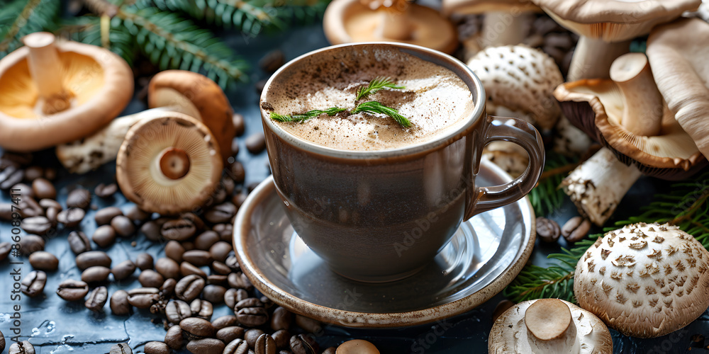 Cup of Mushroom Infused Coffee on Table Cup of Mushroom Infused Coffee on Table