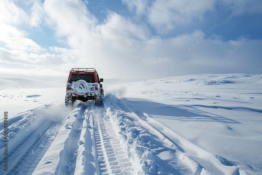 Red SUV Driving on a Snowy Road in Iceland Red SUV Driving on a Snowy Road in Iceland