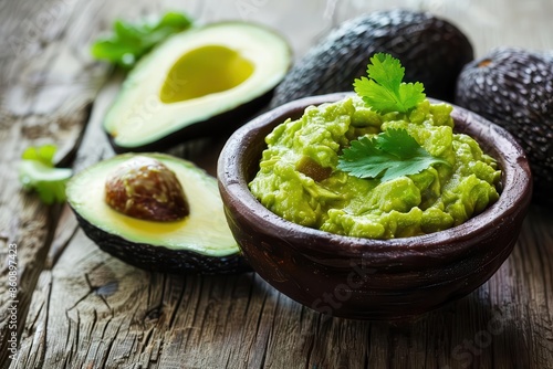 fresh guacamole in a rustic bowl with whole avocados nearby vibrant green hues and varied textures highlight the dishs appetizing qualities warm lighting enhances the comfort food appeal