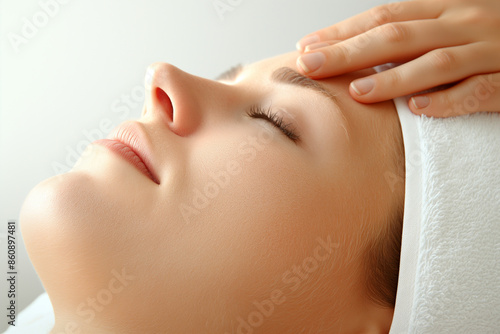 The hands of a professional masseuse are applying a facial massage to the skin on her head. The woman is having a spa treatment or facial massage for her face and neck. Spa environment. Relaxing atmos