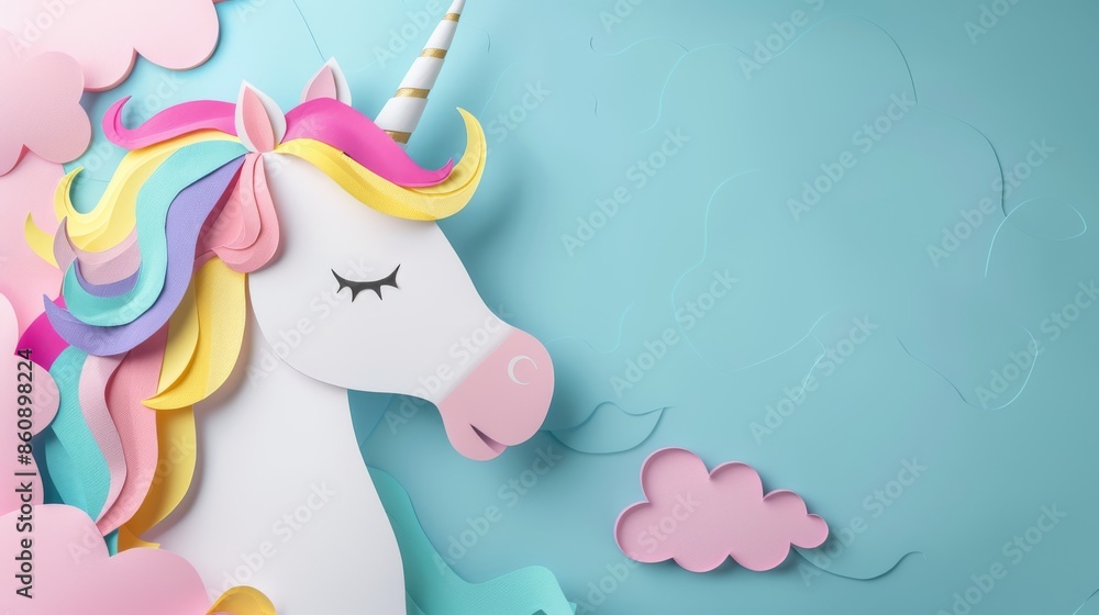 Cute unicorn with a rainbow mane in a pastel paper cutout setting Cute unicorn with a rainbow mane in a pastel paper cutout setting