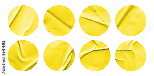 Yellow round paper sticker label set isolated on white background