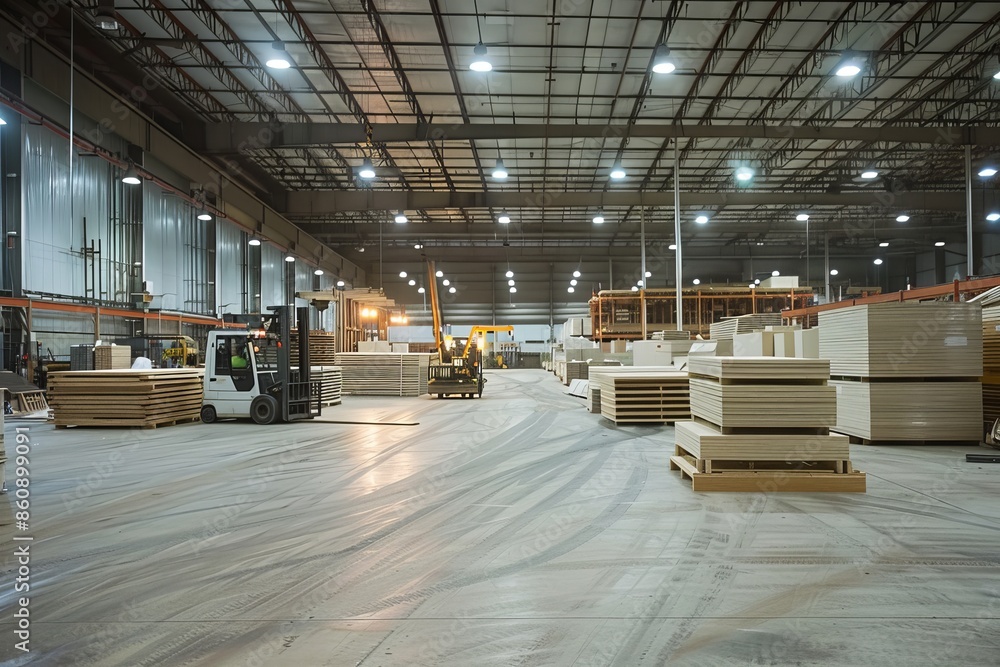 Industrial Warehouse with Forklift and Pallets of Wood Industrial Warehouse with Forklift and Pallets of Wood
