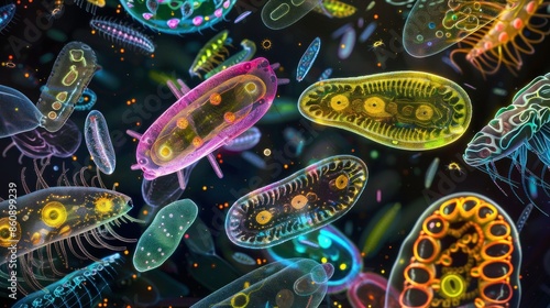 Colorful microscopic view of diverse single-celled organisms, showcasing intricate biological structures.