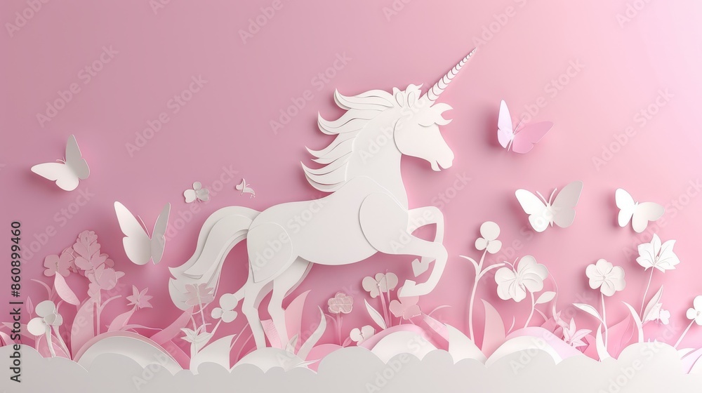 Fototapeta premium Unicorn frolicking in a meadow with butterflies in paper cutout design