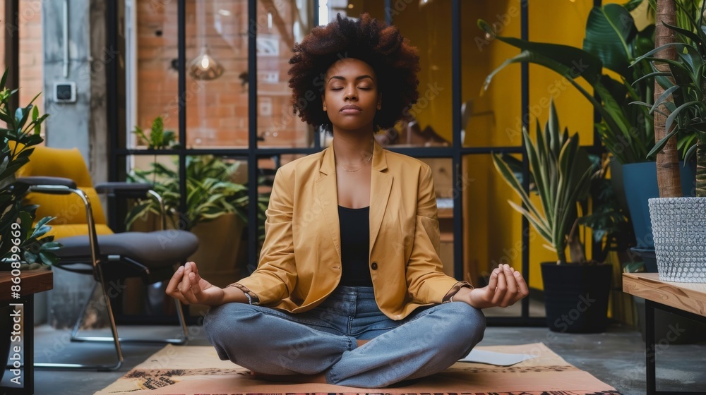 Stress relief in the workplace as a young businesswoman meditates among her office's modern furnishings Stress relief in the workplace as a young businesswoman meditates among her office's modern furnishings