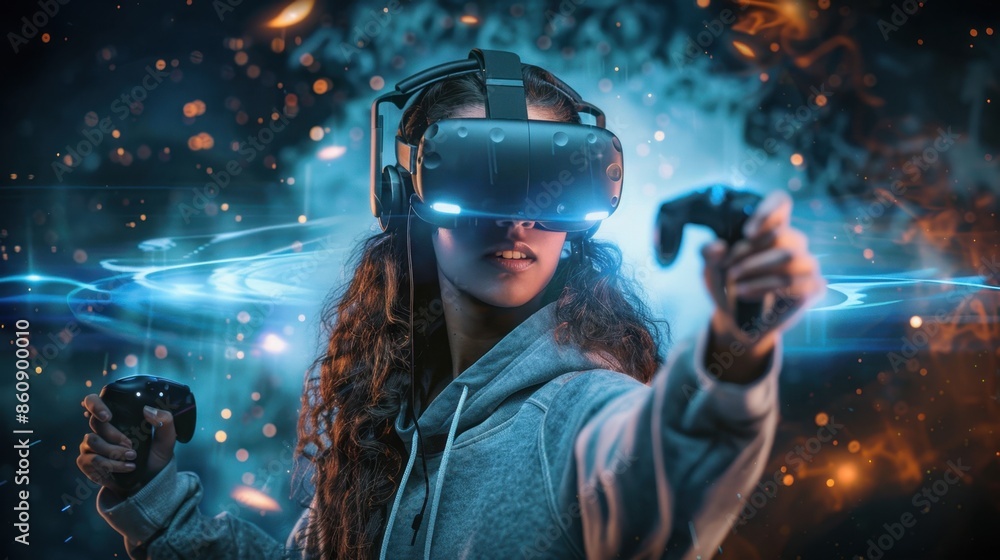 Equipped with a VR headset and controllers, a woman dives into a captivating virtual environment, her movements fluid and precise, highlighting the interactive potential of VR technology.
Equipped with a VR headset and controllers, a woman dives into a captivating virtual environment, her movements fluid and precise, highlighting the interactive potential of VR technology.