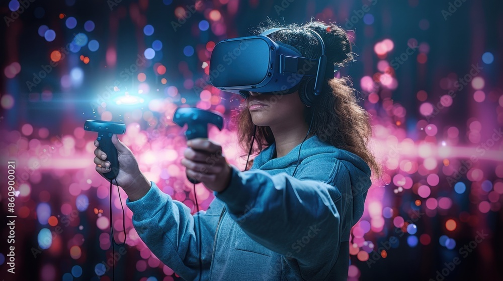 A woman in a hoodie engages in an energetic virtual reality experience using handheld controllers, surrounded by a vibrant digital aura, showcasing the immersive nature of VR gaming.
A woman in a hoodie engages in an energetic virtual reality experience using handheld controllers, surrounded by a vibrant digital aura, showcasing the immersive nature of VR gaming.