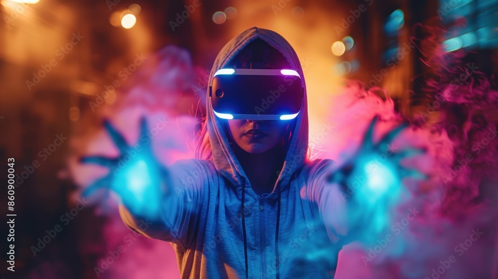 Equipped with a VR headset and controllers, a woman dives into a captivating virtual environment, her movements fluid and precise, highlighting the interactive potential of VR technology.
Equipped with a VR headset and controllers, a woman dives into a captivating virtual environment, her movements fluid and precise, highlighting the interactive potential of VR technology.