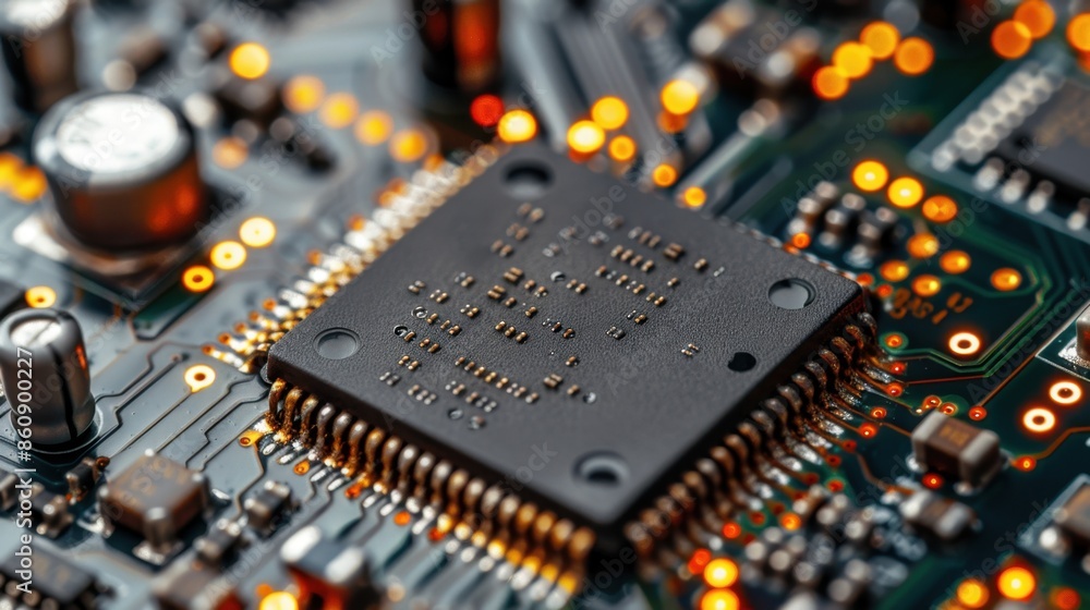 High-Tech Circuitry: A close-up of a microchip embedded in a circuit board, showcasing the precision and complexity of electronic components essential for computing devices.
High-Tech Circuitry: A close-up of a microchip embedded in a circuit board, showcasing the precision and complexity of electronic components essential for computing devices.