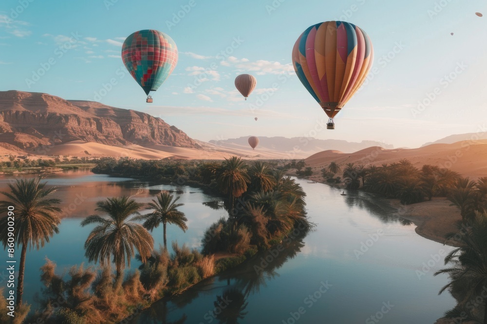 Obraz premium Hot Air Balloons Soaring Over Desert Oasis