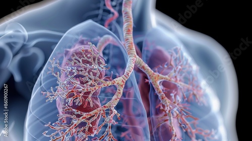 Respiratory System: A high-resolution image of the human lungs and trachea, highlighting the intricate network of bronchial branches, illustrating the essential components of the respiratory system. 