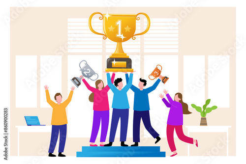 Team victory and success work achievement , winner, leadership, career success, champion celebration, winning award concept, team celebrate success winning trophy and joyful business people team