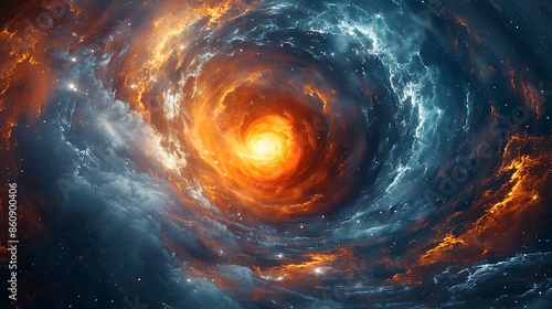 Vivid Nebula: Orange Center with Swirling Blue and Orange Clouds 