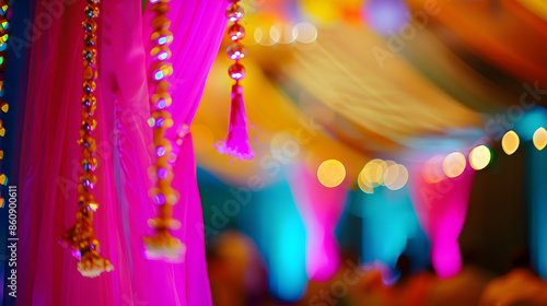 Selective focus on the colorful stage decoration with bright shade of color for bride and groom in the sangeet night of traditional indian wedding party celebration with blurry foregro : Generative AI photo