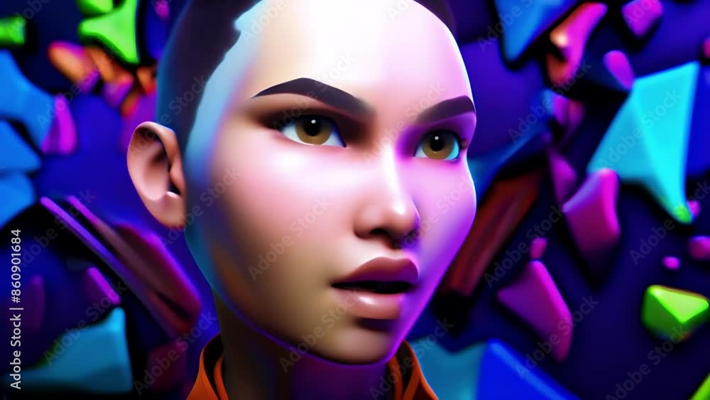 3D Animated Girl with Colorful Background, Serious expression 3D Animated Girl with Colorful Background, Serious expression
