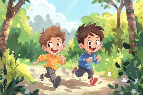Two boys running in the forest, illustration