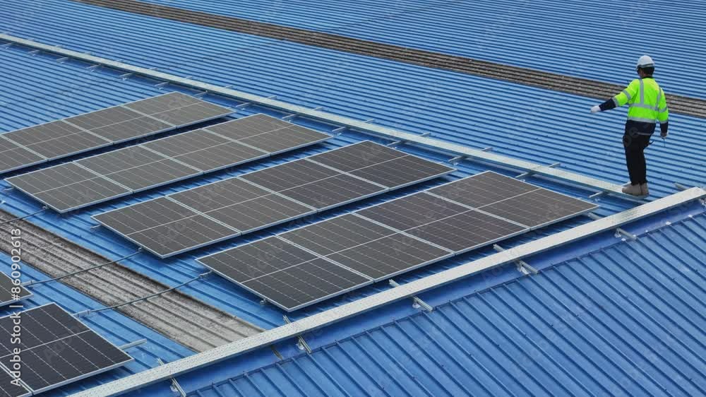engineer man inspects construction of solar cell panel or photovoltaic cell by electronic device. Industrial Renewable energy of green power. factory worker working on tower roof. engineer man inspects construction of solar cell panel or photovoltaic cell by electronic device. Industrial Renewable energy of green power. factory worker working on tower roof.