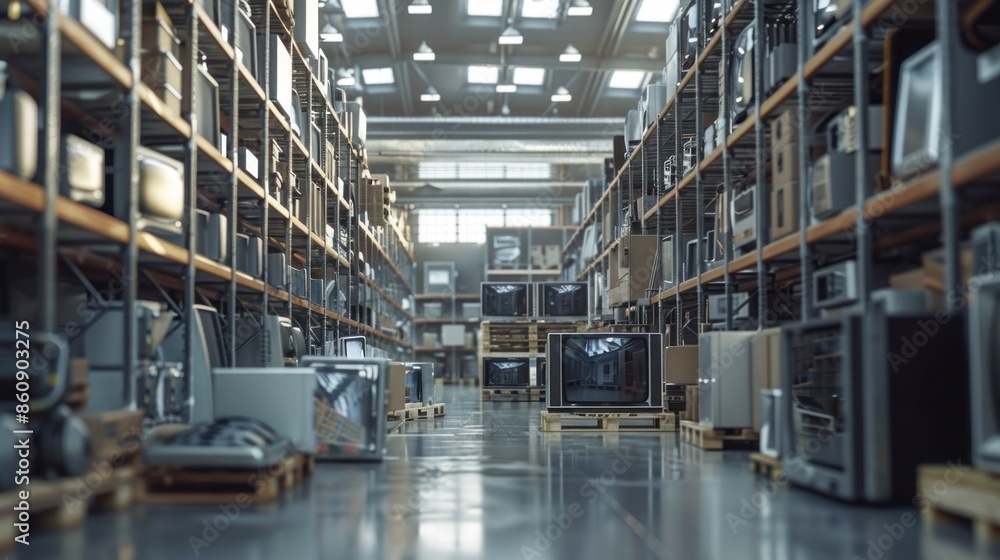 A warehouse with a lot of TVs and other electronics. Generate AI image A warehouse with a lot of TVs and other electronics. Generate AI image