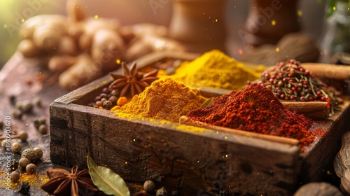 Aromatic Spice Collection in Wooden Box, Generative AI photo