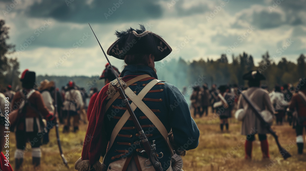 Fototapeta premium A historical reenactment with people dressed in Revolutionary War attire, US Independence Day, history, hd, educational with copy space
