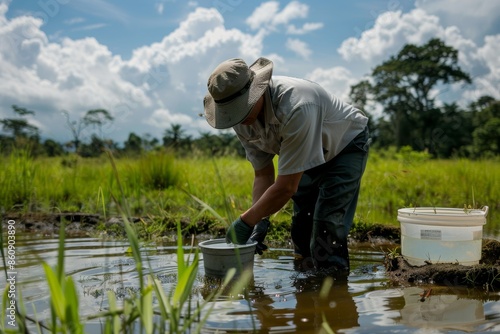 Man in a Hat Collecting Water Samples in a Swamp