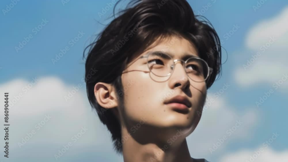 Low-angle shot of a young man with sharp features against a vivid blue sky. Intense upward gaze, furrowed brow conveying determination. Tousled dark hair frames face dramatically. 