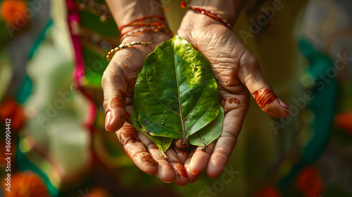 Hands of Bride and Groom with Betel or Paan Leaf at the Time of Indian Hindu Bengali Wedding Selective Focus is used : Generative AI photo