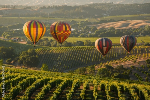 Hot Air Balloons Soaring Over a Vineyard Landscape