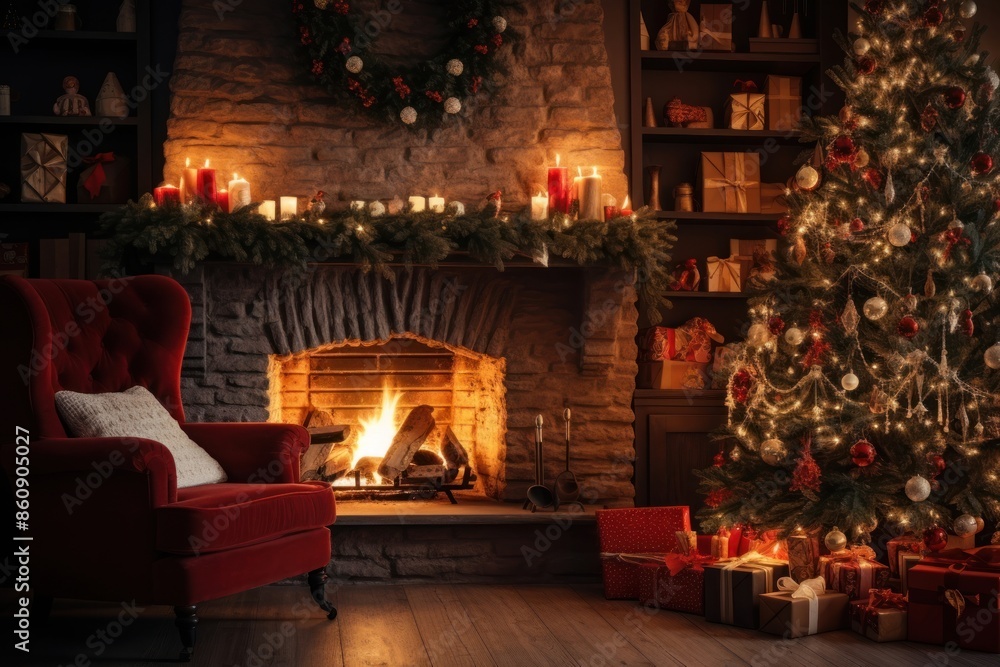 Christmas fireplace furniture glowing. Christmas fireplace furniture glowing.