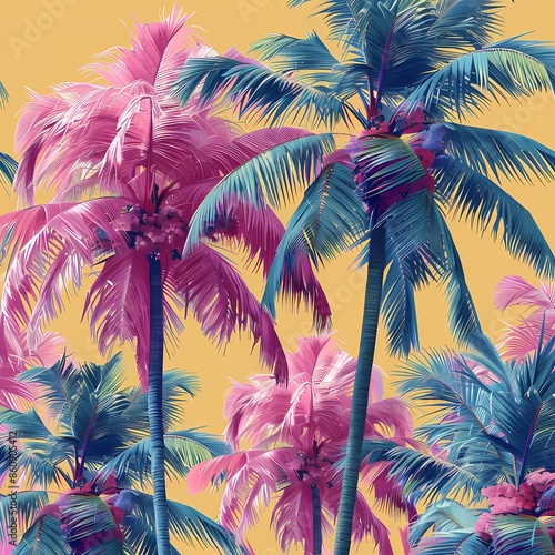 pola mulus pohon palem berwarna merah muda dan teal By Generated AI