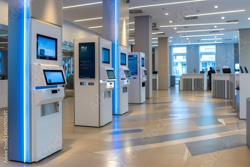 Modern Automated Kiosk Machines in a Bright Lobby