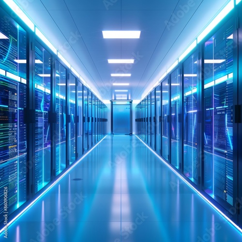 Futuristic Data Center Corridor with Blue Neon Lights, Generative AI © studio clever