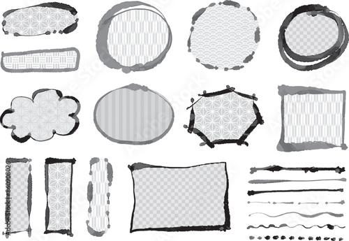 グレーの和柄の不揃いな太さの手描きの線やフレームのセット
