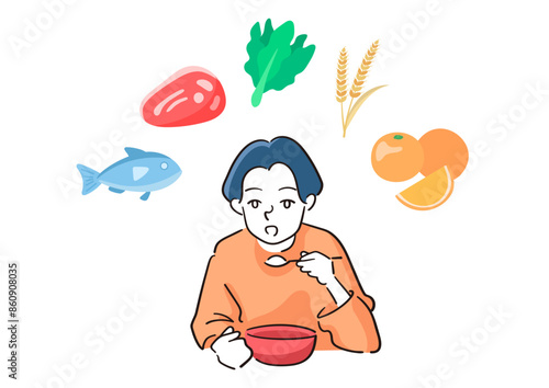栄養バランスを意識して食事を摂る人のイラスト　食材のイメージ　ご飯を食べるイラスト