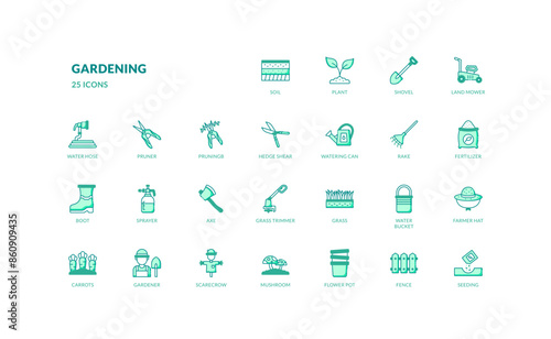 gardening agriculture farming garden green filled line icon set